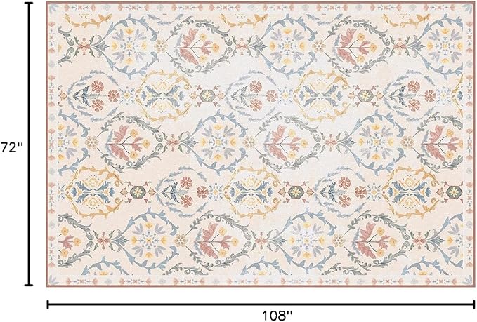 Phantoscope Washable Area Rug 6'x9' Non-Slip, Vintage Floral Boho Rugs for Living Room, Bedroom, DiningRoom, Soft Botanical Moroccan Pattern, Low-Pile Foldable Floor Carpet, Ivory Pink/Boho Garden