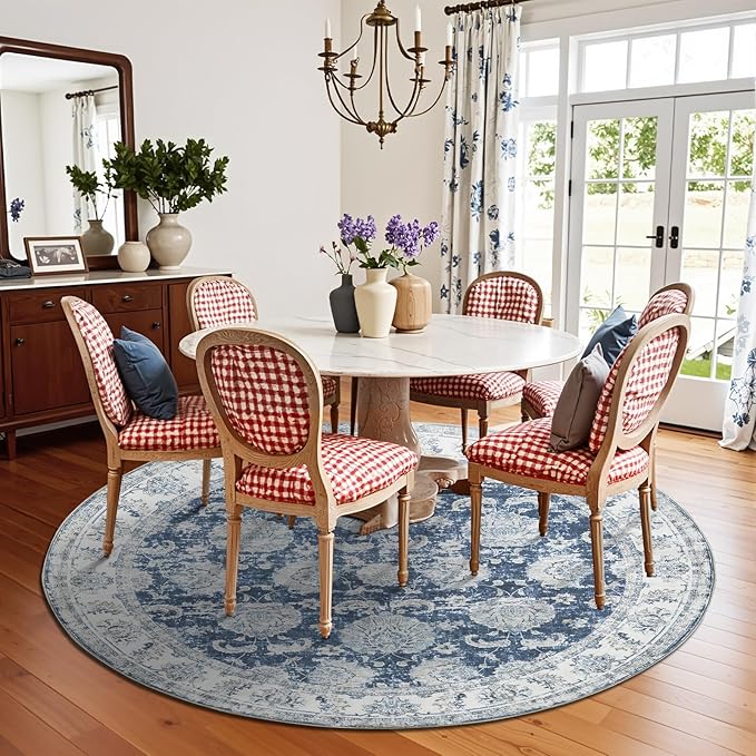 jinchan Fiora Round Rug 7ft Area Rug - Dark Blue Vintage Floor Mat Indoor Ultra-Thin Soft Floral Print - Washable Circle 7' Retro Accent for Farmhouse Non Slip Dining Room Living Room Bedroom Office