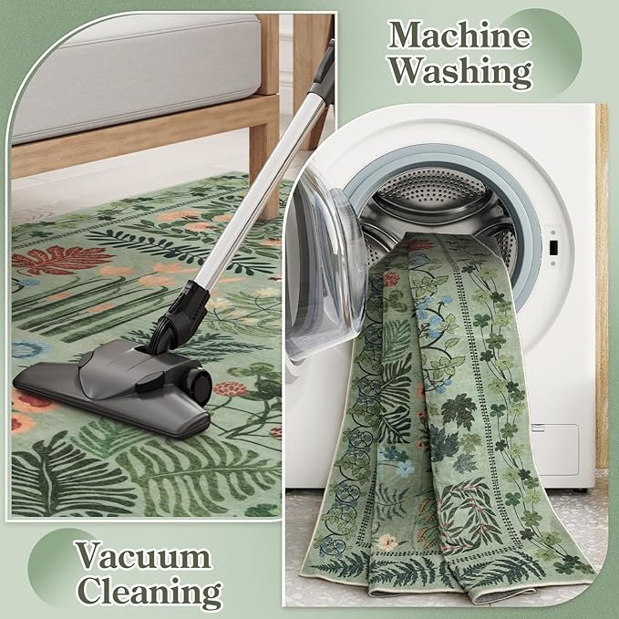 Floral Boho 3x5 Sage Green Bathroom Rugs, Washable Botanical Area Rugs for Entryway Bedroom, Non Slip Kitchen Floor Mat Indoor Throw Carpet for Laundry Living Room (Green,3 x 5)
