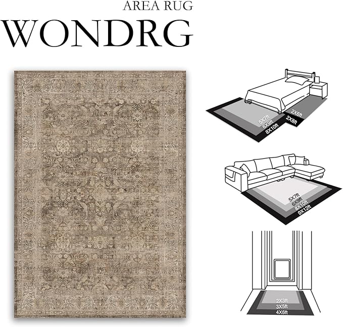 8x10 Rust Brown Washable Area Rug for Living Room Bedroom Neutral Soft Non Slip Rug Low Pile Vintage Distressed Carpet for Dining Room Nursery Office