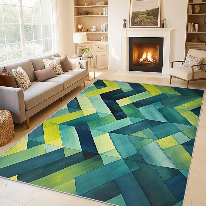 5x7 Geometric Zigzag Rugs for Bedroom Decor, Washable Green Chevron Pattern Area Rug, Living Room Home Decoration, Non Slip Soft Thin, Modern Abstract Geometry Decor Carpet PF-P 49