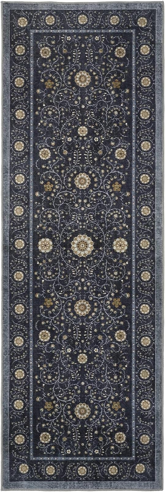 GarveeHome Boho 2x6 Runner Rug for Hallways Non Slip, Vintage Botanical Kitchen Rugs Washable Area Rug for Entryway Stain Resistant, Low Pile Soft Runner Blue Carpet for Bedroom Floor Laundry Room