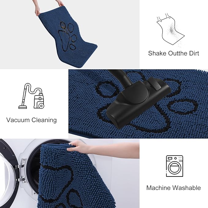 Smiry Dog Door Mat for Muddy Paws, Absorbent Dirt Trapper Non Slip Quick Dry Washable Chenille Mat for Mud Dogs, Entry Rug for Indoor and Outdoor (48x30 Inches, Dark Blue and Black)