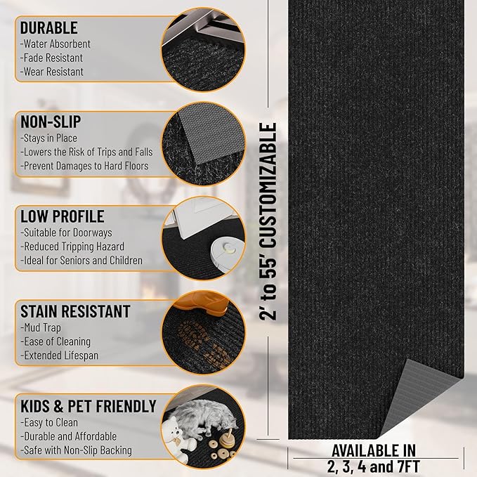Ottomanson 2'7" x 11' Hallway Runner with Scraper Pile - Extra Durable Non-Slip Rug Mat for Indoor & Outdoor Use - Ideal for Kitchen, Entryway & Garage - High-Traffic Carpet, Black