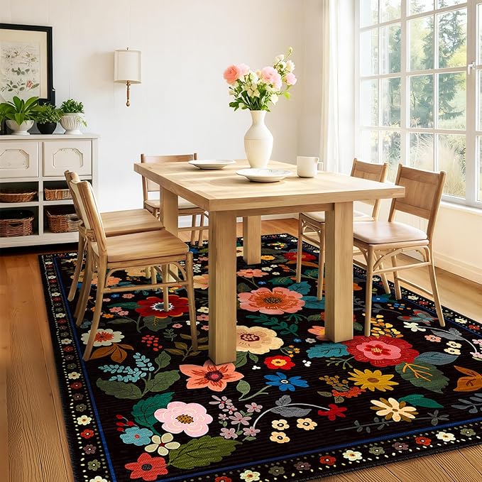Floral 6x9 Area Rug Machine Washable Soft Print Boho Carpet Non Slip Doormat Low Pile Flower Area Rugs for Living Room Bedroom Nursery Kitchen Dining Room Indoor-Black