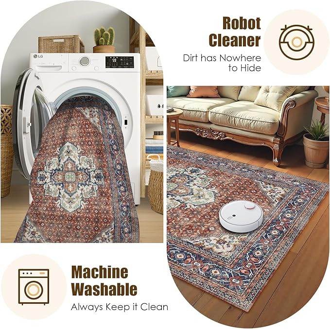 Washable Area Rug 8' x 10' Vintage Traditional Persian Mat - Foldable Distressed Non-Slip Machine Washable Carpet for Living Room Bedroom Kitchen Home Decor - Terracotta and Navy