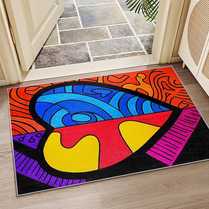 Abstract Rug - 2x3 Area Rugs, Colorful Pop Art Entryway Rug, Hippie Aesthetic Funky Low Pile Fade Resistant Indoor Small Mats Home Decor #C118