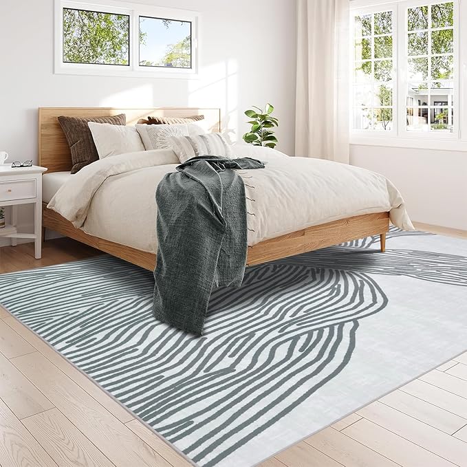 YIHOUSE Grey Rug for Living Room, 6×9 Modern Abstract Area Rug, Geometric Contemporary Wave Striped Rugs for Playroom Nursery, Washable Nonslip Large Rug for Bedroom Dining Room