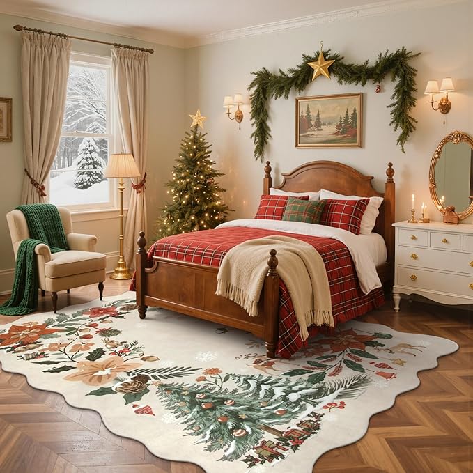 Lahome Floral Christmas Rugs for Living Room, 5x7 Christmas Area Rug for Bedroom Large Washable Carpet, Soft Stain Resistance Xmas Tree Carpets for Under Table Dining Room, Beige/Multi