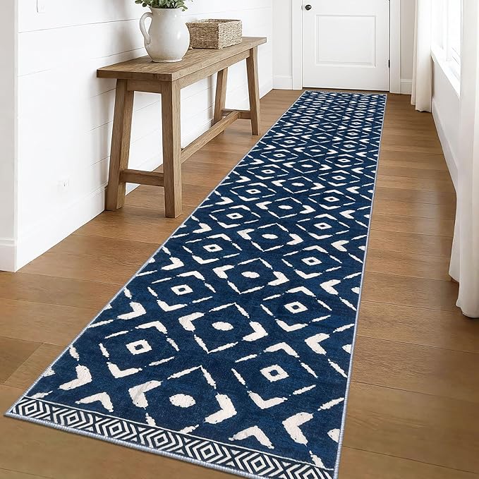 KILOCOCO Hallway Runner Rug 2.6'x16' Runners for Hallways Washable Runner Soft Non Slip Printed Geometric Low-Pile Rugs Runners for Bedroom Kitchen Living Room Boho Rugs, Blue