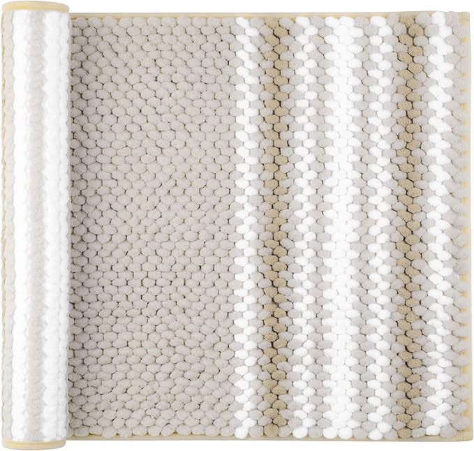 PiccoCasa Chenille Bathroom Rug, Soft Fluffy Absorbent Bath Mat, Medium Pile Striped Carpet Washable Non Slip Bathroom Floor Mats(20"x32",Khaki & White)