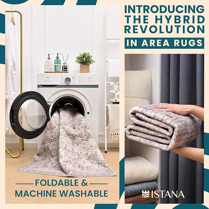 Istana Area Rug 2x4 - Pale Rose Beige 2x4 Washable Rug Non Slip - Pet Friendly Living Room Rug - Non Shedding Washable Rugs for Bedroom - Foldable Bathroom Rugs