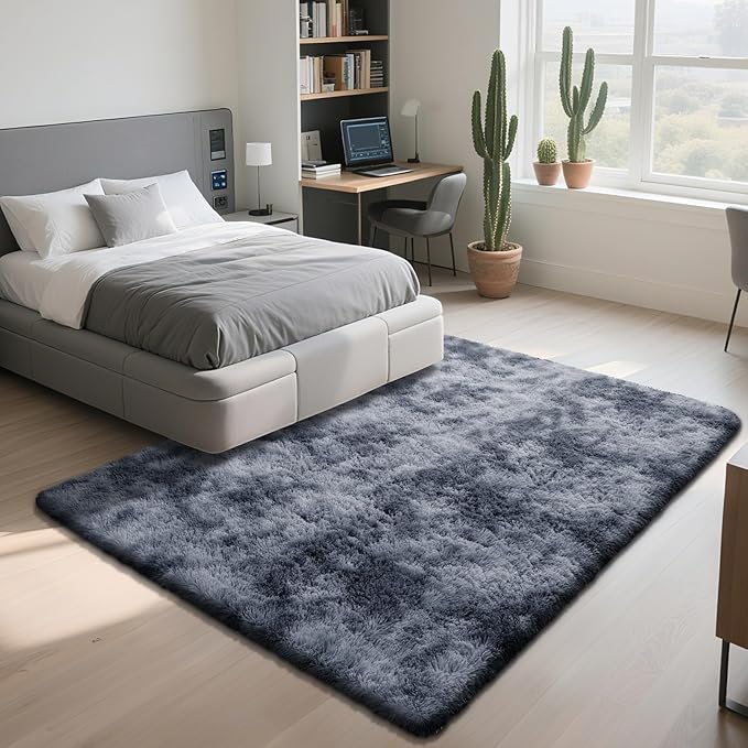 Fluffy Rug Shaggy Area Rug, Mottling Dark Grey 4x6 Area Rugs for Bedroom, Small Bedside Rug, Soft Fluffy Shaggy Entryway Throw Rugs for Living Room Bedroom Kids Room Home Decor