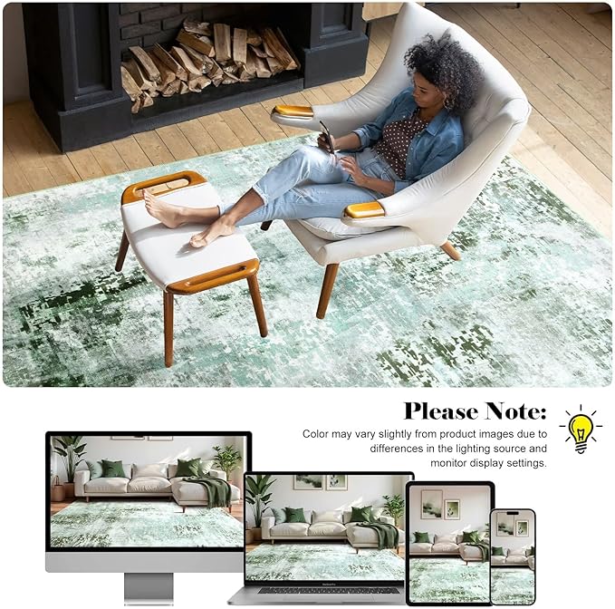 Washable Abstract Rug, 3x5 Modern Area Rugs with Non-Slip Rubber Backed for Bedroom, Thin but Soft Contemporary Carpet Kitchen Living Room Decor, Green