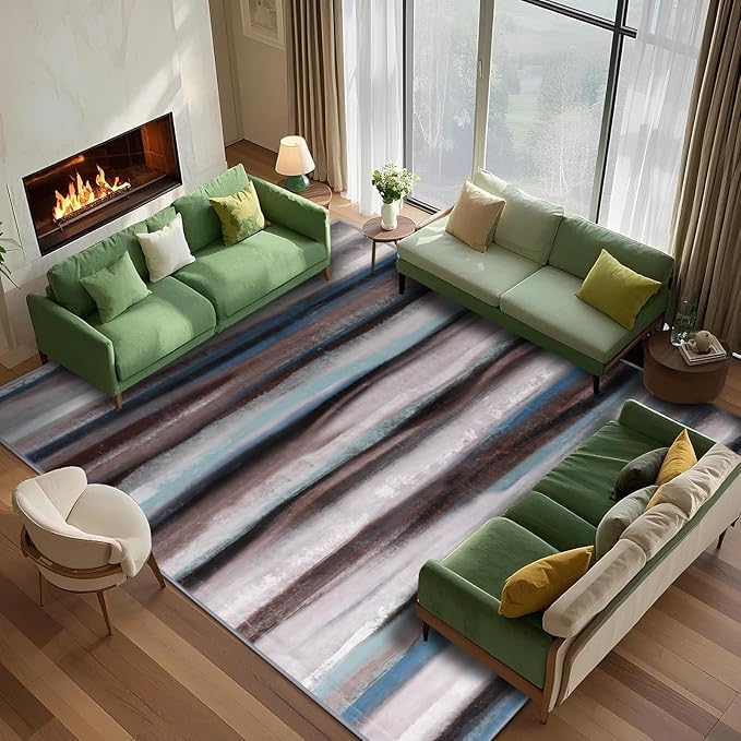 Abstract 6x9 Area Rug, Modern Stripe Pattern Teal Rugs for Living Room, Washable Soft Large Non-Slip Floor Carpet for Dining Room Office Bedroom - Blue/Brown/Multi