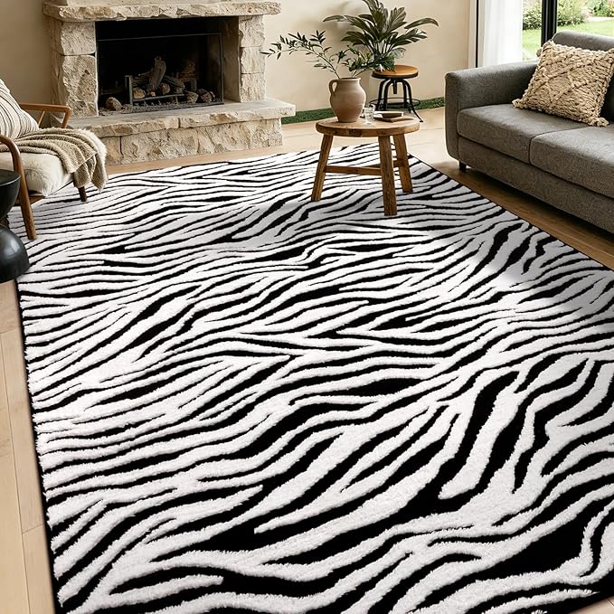 YIHOUSE 6×9 Ft Area Rugs, Black and White Modern Abstract Rug, Washable Plush Soft Zebra Print Carpet, Non-Slip Non-Shedding Rug for Living Room, Bedroom, Dining Room, Home Office Decor