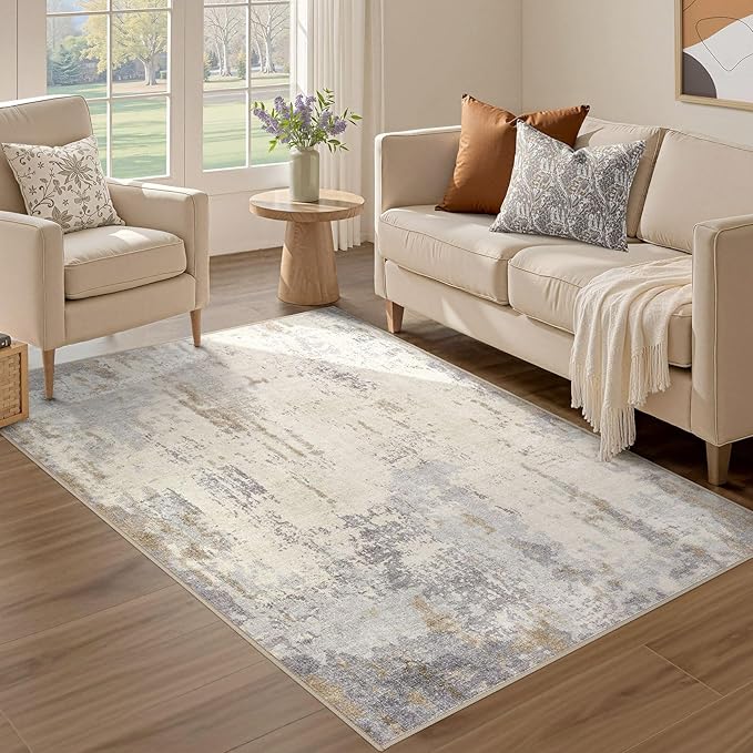 3x5 Area Rug Living Room Rugs - Washable Neutral Modern Abstract Soft Thin Rug Indoor Floor No Slip Rug Carpet for Bedroom Under Dining Table Home Office Decor - Light Brown/Gray