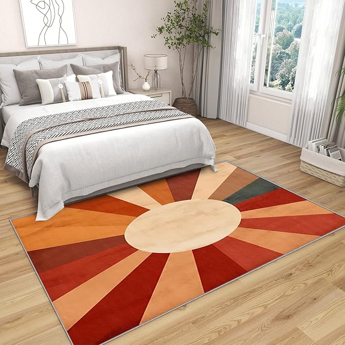 70s Rugs for Living Room -Retro Sun Rug, 4x5 ft, Mid Century Sun Area Rug, Red and Orange Washable Rugs for Living Room Bedroom, Boho Retro 70s Home Decor & Gifts