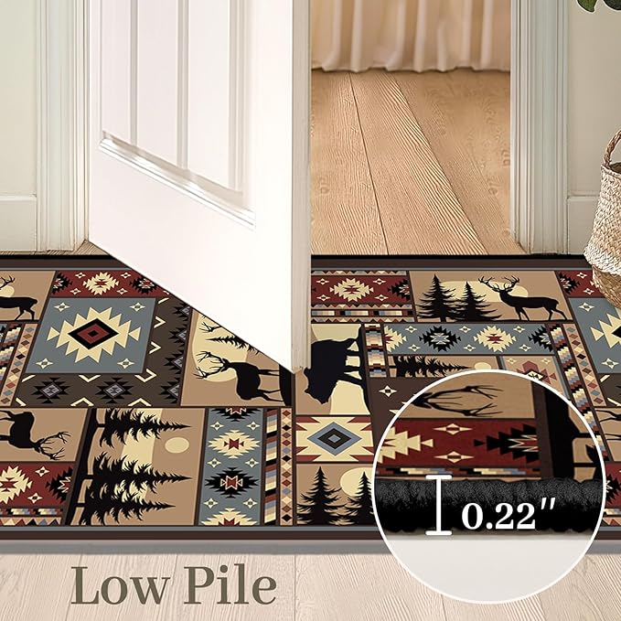 Rustic Cabin Wildlife Area Carpet for Living Room 4x6 Area Rug for Bedroom,Buffalo Plaid Bear Moose Deer Country,Vintage Throw Rug Indoor Rugs Non Slip Soft Floor Carpets Mat for Dining Room,Office