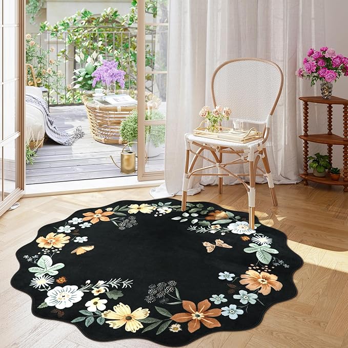 Lahome Floral Washable Round Rugs, Non-Slip Soft Round Rug 4ft Ultra-Thin, Small Boho Circle Carpet for Entryway Kitchen Bedroom Nursery Bathroom, Black/Grey