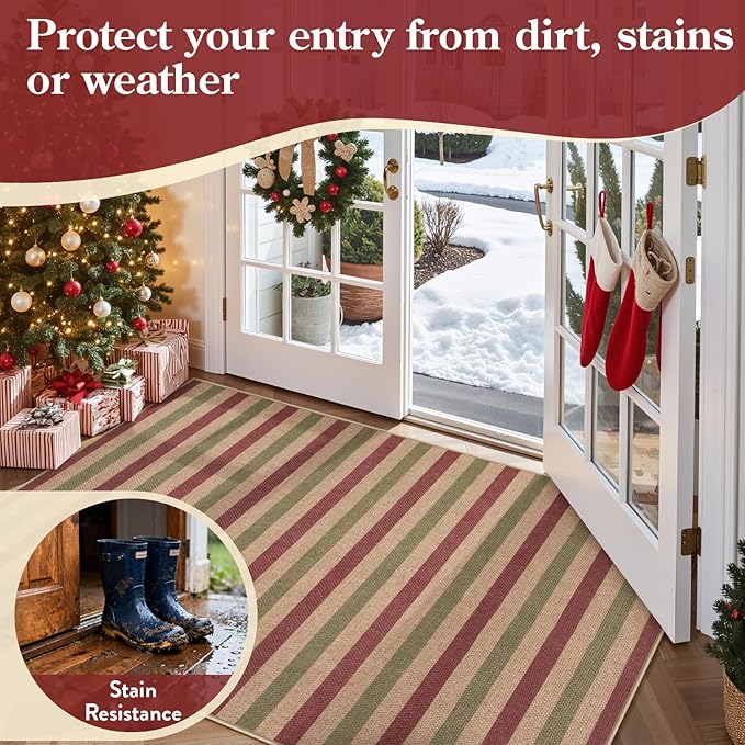 Lahome Christmas Outdoor Rug, 3x5 Christmas Decorations for Porch Entryway Front Door, Striped Plaid Decor Non Slip Non Shedding Red and Green Carpet for Foyer Patio