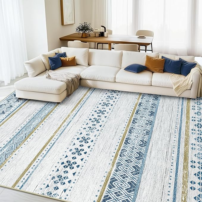 BESTSWEETIE 3x5 Area Rugs for Living Room Washable Moroccan Farmhouse Neutral Geometric Low Pile Non-Slip Soft Print Pattern Rug for Bedroom Kitchen Dining Room Entryway Blue/Brown