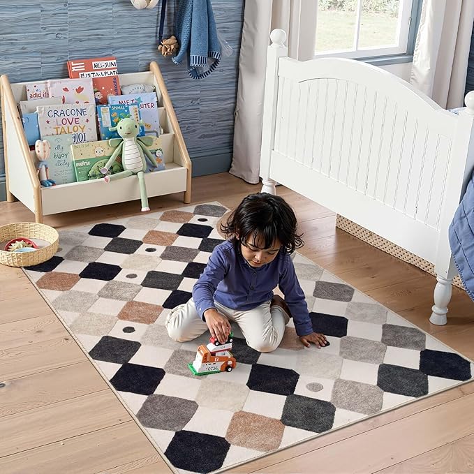 jinchan Macy Area Rug 3x5 Kids Washable Indoor Non-Slip Black and White Modern Soft Rug Elementary School Classroom Diamond Carpet for Nursery Playroom Daycare Bedroom Living Room Marble on Cream