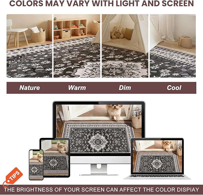 2' x 3' Black Washable Area Rugs, Non-Slip Entryway Rug, Boho Low Pile Door Mat Indoor Entrance, Floral Medallion Pattern Vintage Rugs for Kitchen Bedroom Bathroom Laundry Living Room Farmhouse