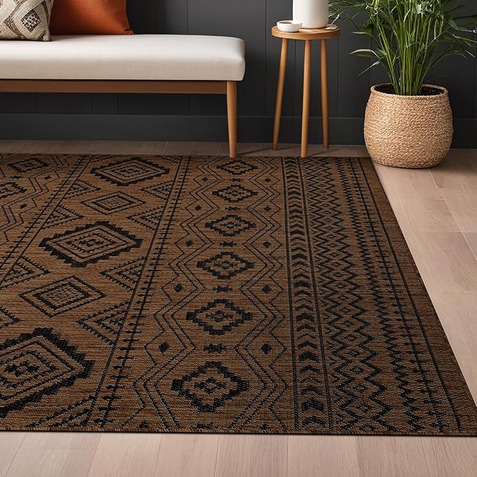 Beverly Rug Waikiki Boho Indoor Outdoor Rug 6x9, Washable Outside Carpet for Patio, Deck, Porch, Bohemian Area Rug, Farmhouse Rugs, Aztec Tribal Rug, Nut Brown and Black