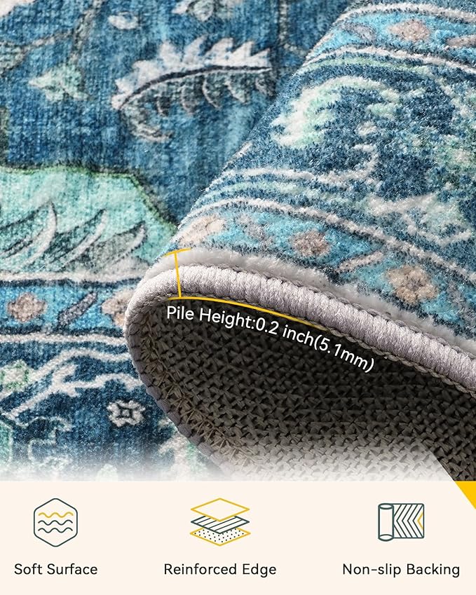 Area Rugs 7'x10' Washable Non-Slip, Floral Vintage Distress Print Pattern Medallion Carpet for Living Room Bedroom Dining Room, Teal Green Lake Blue Turquoise