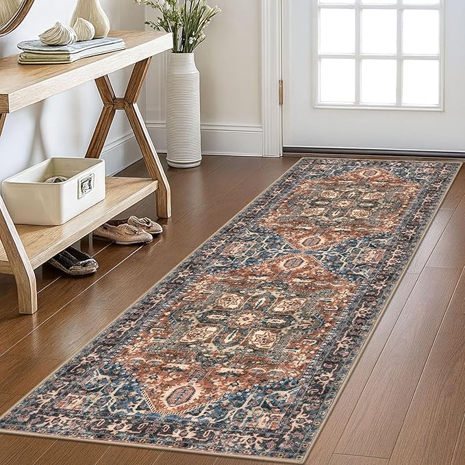 KOZYFLY Runners for Hallways 2x6 Ft Washable Kitchen Runner Rug Boho Runner Rug for Entryway Indoor Printed Oriental Faux Wool Floor Carpet Runner for Bedroom Kitchen Hall, Red/Navy Blue/Brown