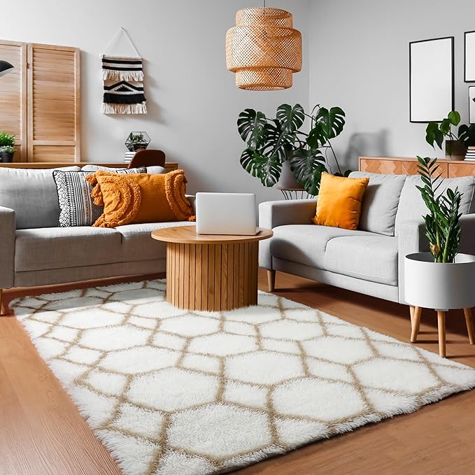 ONASAR Area Rugs for Bedroom Living Room, Washable 4x6 Fluffy White and Beige Throw Rug, Geometric Boho Shaggy Soft Plush Floor Carpet for Nursery Kids Girls Boys Teen Dorm Home Decor Aesthetic