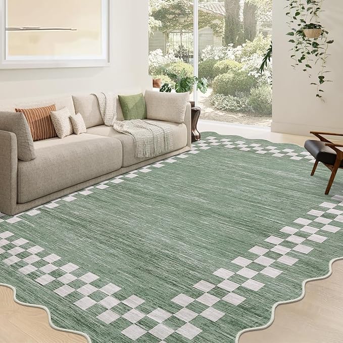 GarveeHome Scalloped Washable Rug 9x12 Area Rug for Living Room Modern Border Large Bedroom Throw Carpet with Rubber Backing Stain Resistant Boho Rug for Dining Room Home Decor Office, Green