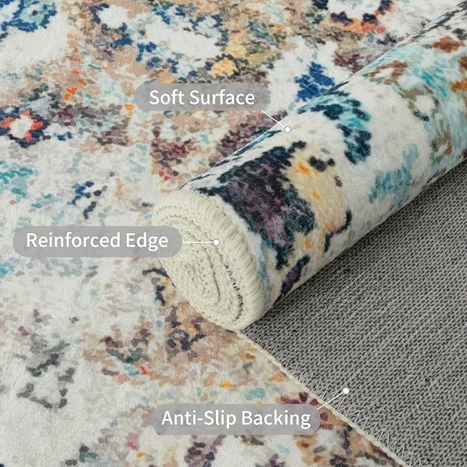 Easy-Going Round Rug 5ft Area Rug Washable Boho Circle Rugs for Living Room Non-Slip Bedroom Rug Low Pile Lightweight Medallion Distressed Throw Rug for Dining Room Kitchen Office, Vintage Multi