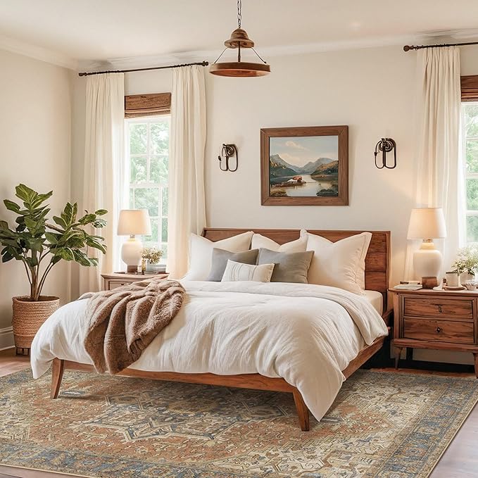 Kokia 4x6 Washable Area Rugs Terracotta with Vintage Orient Design, Soft Rug for Living Room or Bedroom, Non-Slip Low Pile Stain Resistance Features, Distressed Medallion Pattern