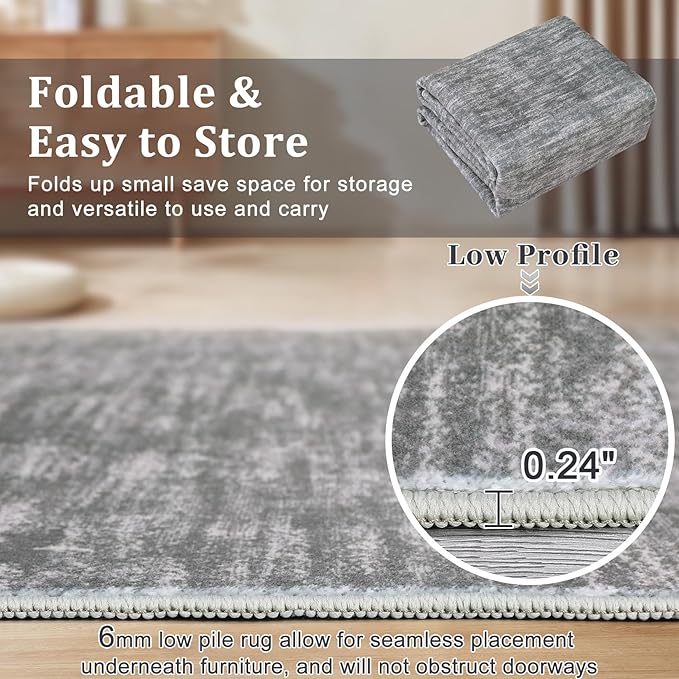 RUGSREAL Washable 4ft Round Rug Modern Solid Area Rug Circle Rug for Entryway Kitchen Indoor Non-Slip Dining Room Throw Carpet Contemporary Area Rug for Bedroom Living Room Nursery, 4' x 4' Round Grey