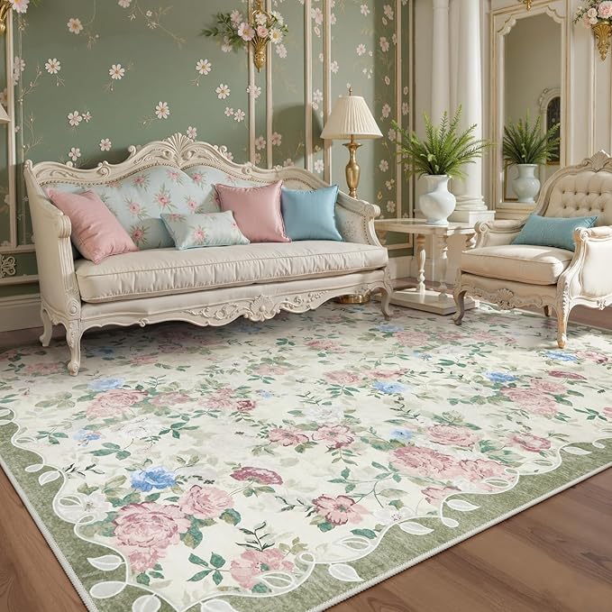 Lahome Vintage Floral Area Rugs 8x10,Large Rugs for Living Room Boho Area Rug Machine Washable, Low Pile Bedroom Rugs 8x10 Carpet for Office Rug Playroom Dining Room（Cream/Green）