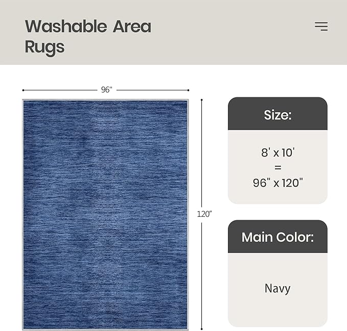 Valenrug Washable Rugs 8x10 - Non Slip 8x10 Area Rugs for Living Room, Stain Resistant Area Rugs for Bedroom, Foldable Machine Washable Area Rug(8'x10', Navy)