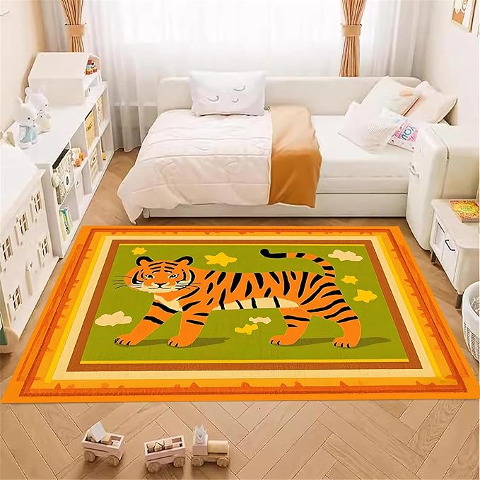 Tiger Rugs for Living Room，5x8ft,Modern Minimalist Style Orange Tiger Rug Suitable for Children's Room，Machine Washable Cute Tiger Rug for Boys and Girls Bedroom Farmhouse Restaurant