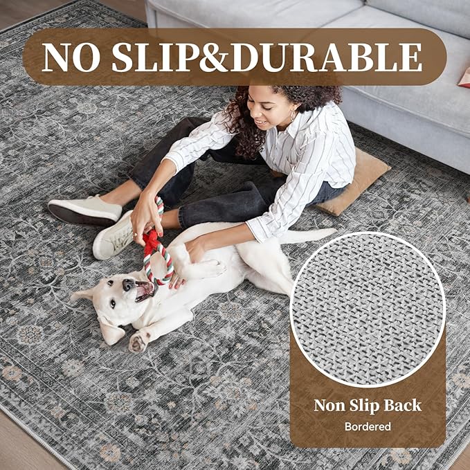 MontVoo-Vintage Area Rug 5X7 Grey Rugs for Living Room-Soft Distressed Printed Rugs for Bedroom-Non Slip Carpet-Machine Washable Rug for Dining Room Living Room Bedside Office