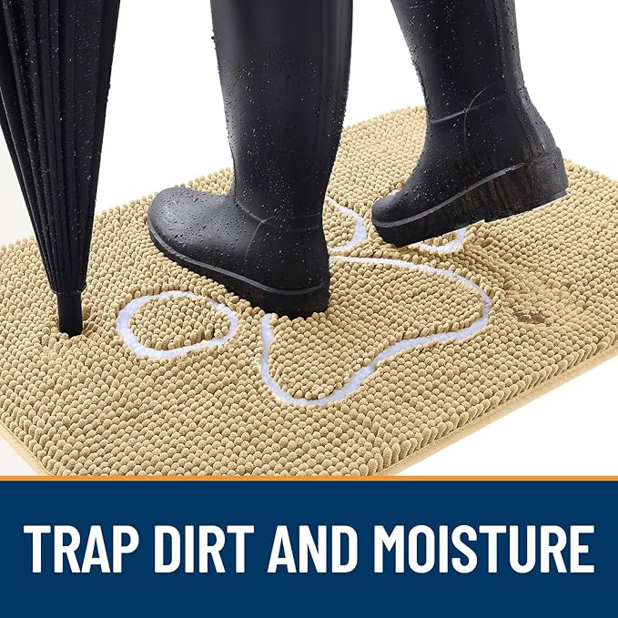 OLANLY Dog Door Mat for Muddy Paws 40x32, Paw Print Design, Absorbs Moisture and Dirt, Absorbent Non-Slip Washable Doormat, Quick Dry Chenille Mud Mat for Dogs, Entry Indoor Entryway Carpet, Beige