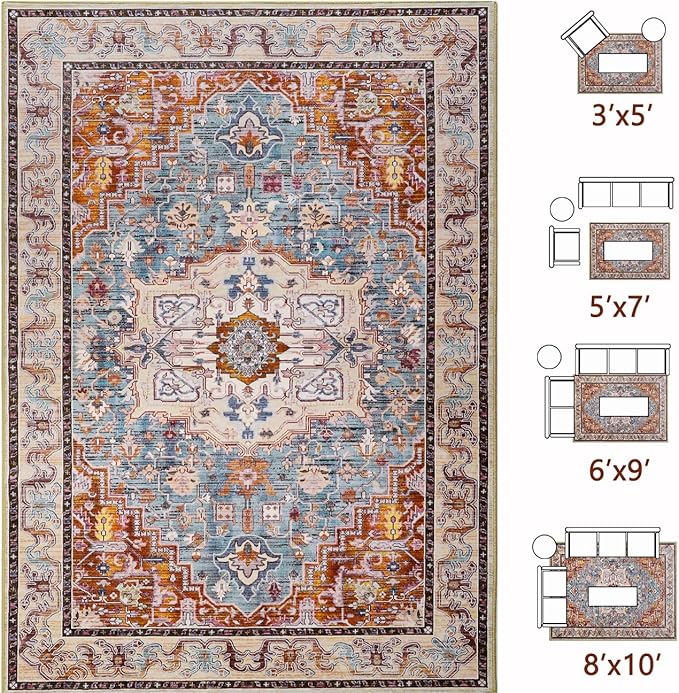 Washable Area Rugs 5x7, Low Pile Soft Vitnage Distressed Rug for Bedroom, Living Room, Dining Room, Non-Slip, Low Pile, Rust Brown