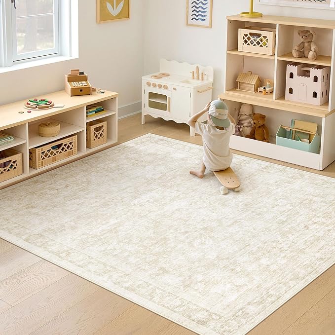 6x9 Area Rugs for Living Room: Washable Vintage Floral Rug Low Pile Non-Slip Boho Carpet for Bedroom Nursery Dining Room (Beige, 6'x9')