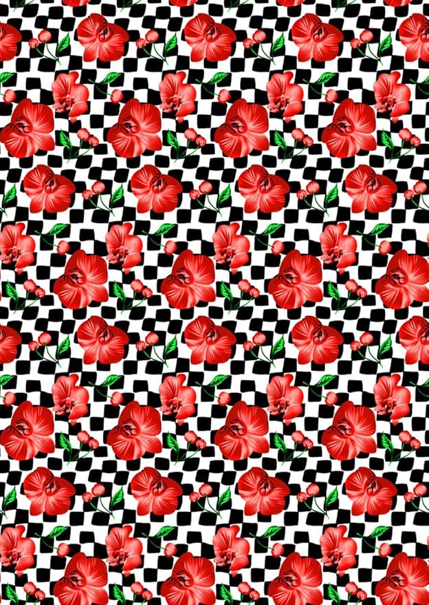 Black and White Checkerboard Pattern with Red Floral Pattern Area Rug for Living Room Bedroom Dining Room Office Guest Room Nursery Room Rustic Low Pile Thin Washable Indoor Mat 6x8