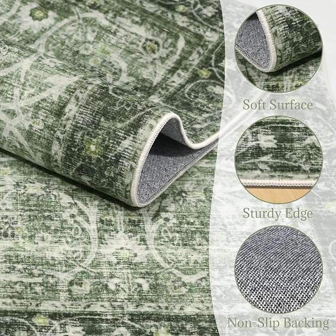 Washable Area Rugs 5'x7' Non-Slip Vintage Boho Distressed Fade Resistant Low Pile Carpet for High-Traffic Living Room, Bedroom & Dining Room