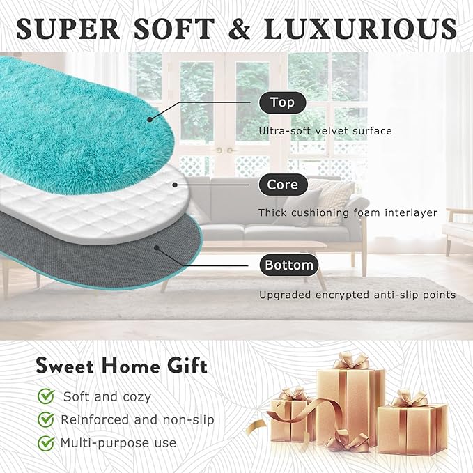 Soft Fluffy Area Rug for Bedroom, Teal Blue Fuzzy Shaggy Oval Throw Rugs for Bedside, Non-Slip Cozy Plush Shag Carpet for Kids Room Nursery Dorm Living Room, 2.6 x 5.3 Feet