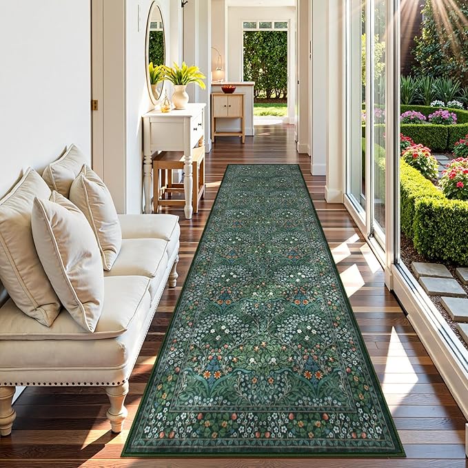 Lahome Floral Hallway Runner Rug Non Slip, 2'6''x10'Soft Washable Runners for Hallways, Ultra-Thin Green Kitchen Runner Distressed Carpet for Entryway Bathroom, Dark Green