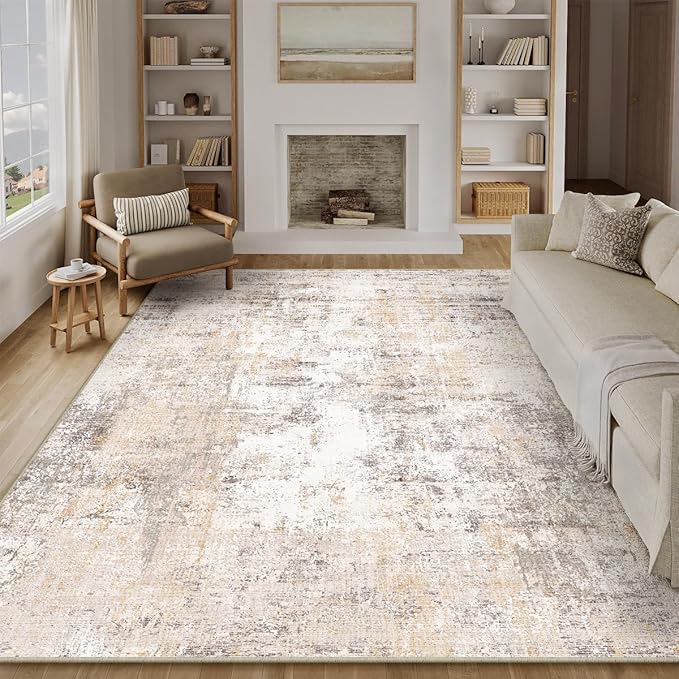 9x12 Area Rug Beige Grey Abstract Living Room Bedroom Washable Carpet Neutral Modern Non Slip Soft Low Pile Indoor Large Throw Rug for Dining Room Office