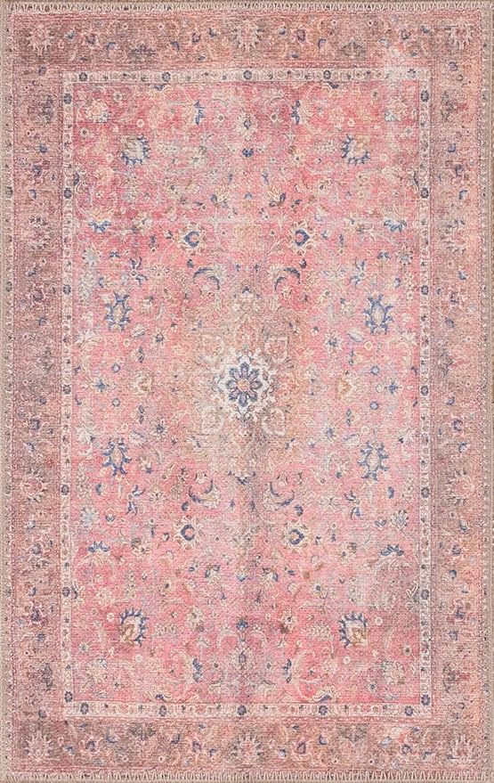 GLN Rugs Traditional Collection - Machine Washable Area Rug, Traditional Washable, Non Slip, Low Pile Chenille Rug, Living Room, Bedroom, Kitchen Rug (6' x 9' Pink/Cream)