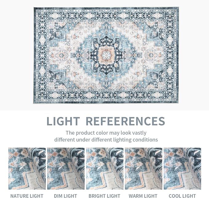 Washable 5×7 Area Rug for Living Room, Vintage Floral Rug Soft Non Slip Stain Resistant Boho Carpet for Indoor Bedroom Dinning Room Home Office Blue/Ivory